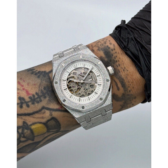 Custom Seiko Mod • No Logo Silver Skeleton White Frosted AP • 42mm